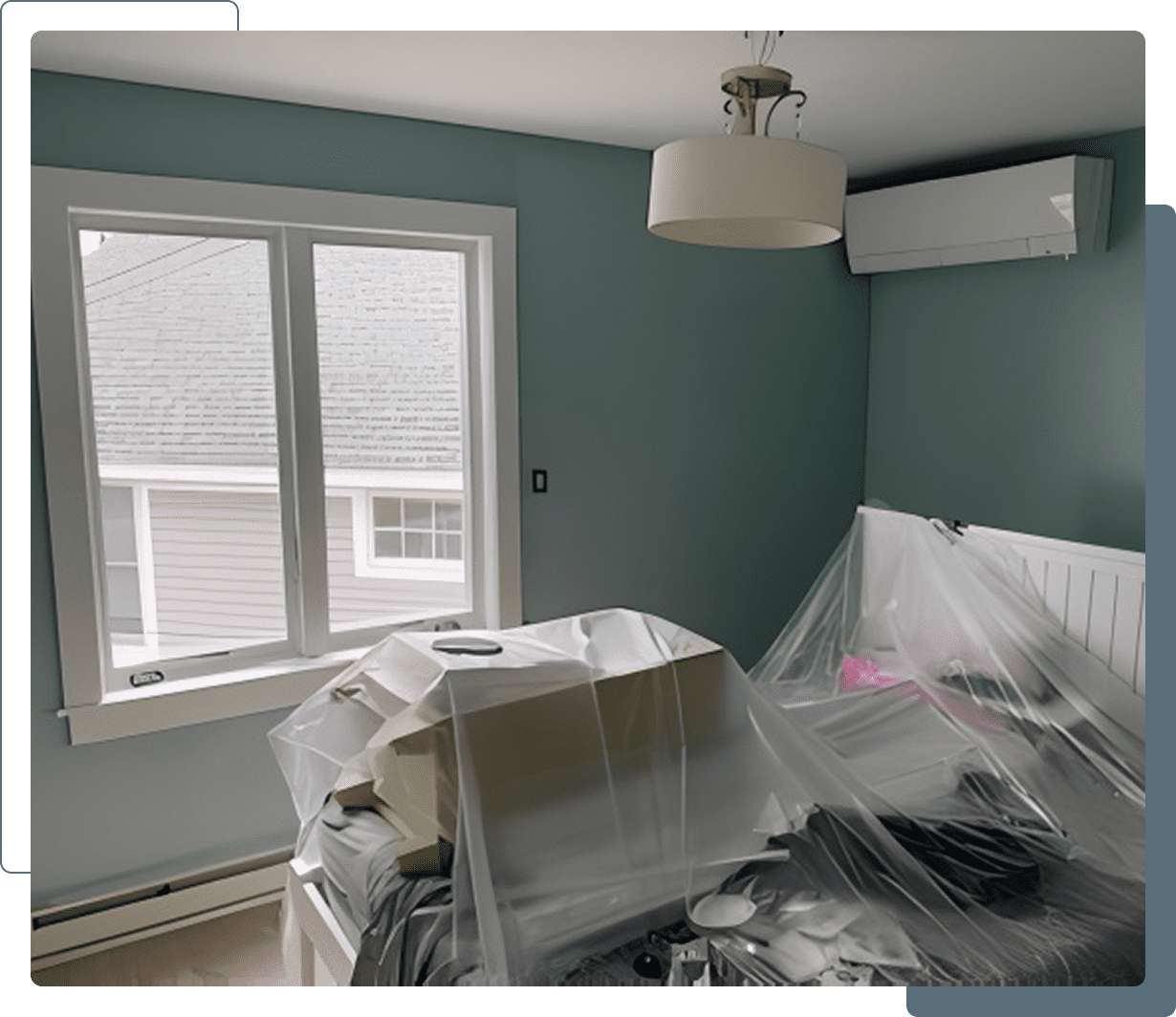 Room under renovation with furniture covered.