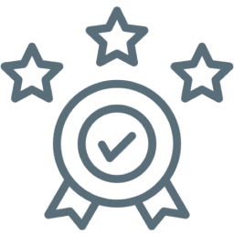 Award badge with stars and checkmark.